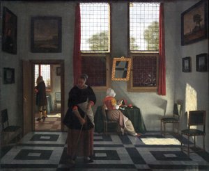 Intérieur avec peintre, dame lisant et servante balayant